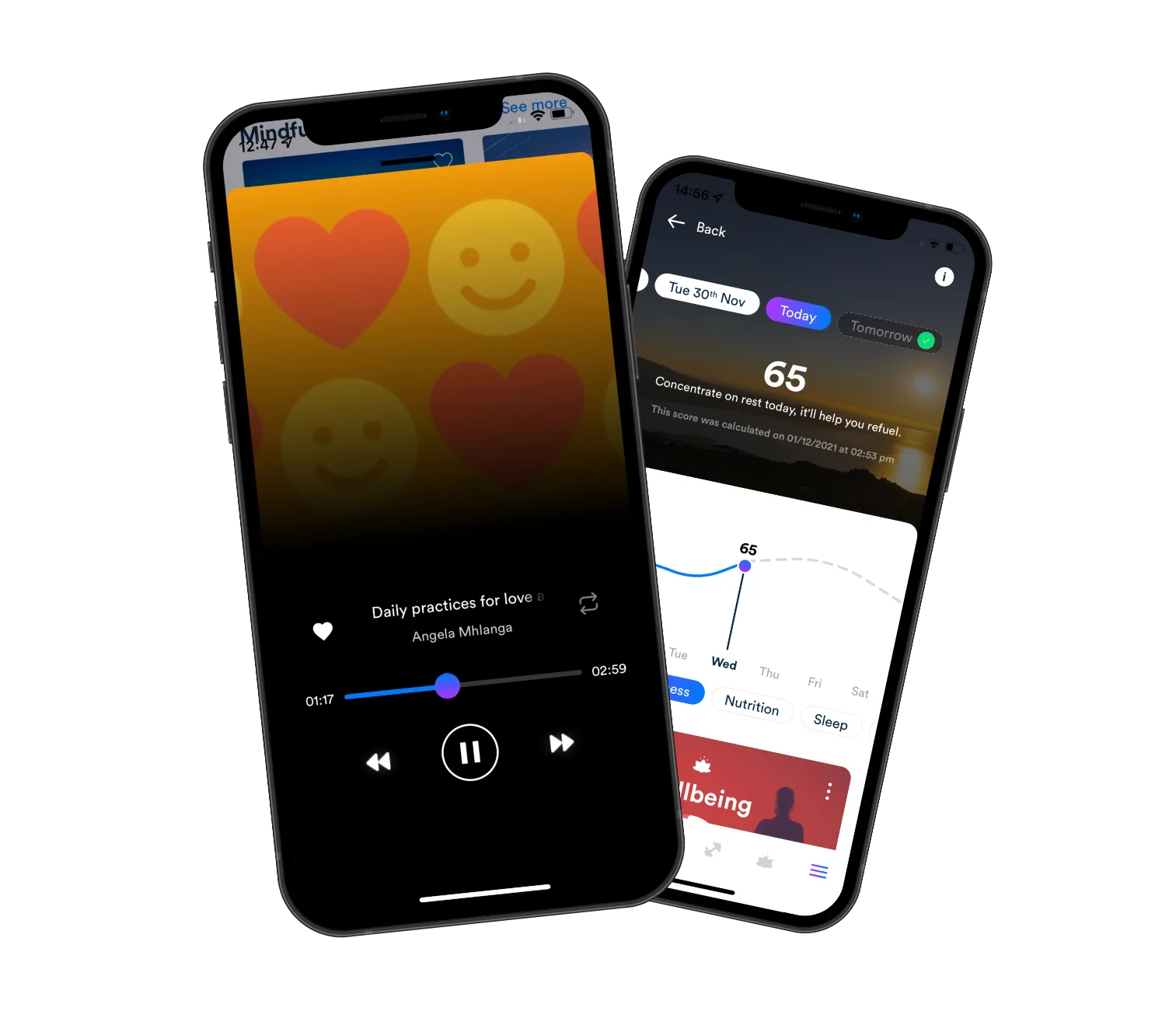 Gro Health app showing wellbeing exercises and wellness score