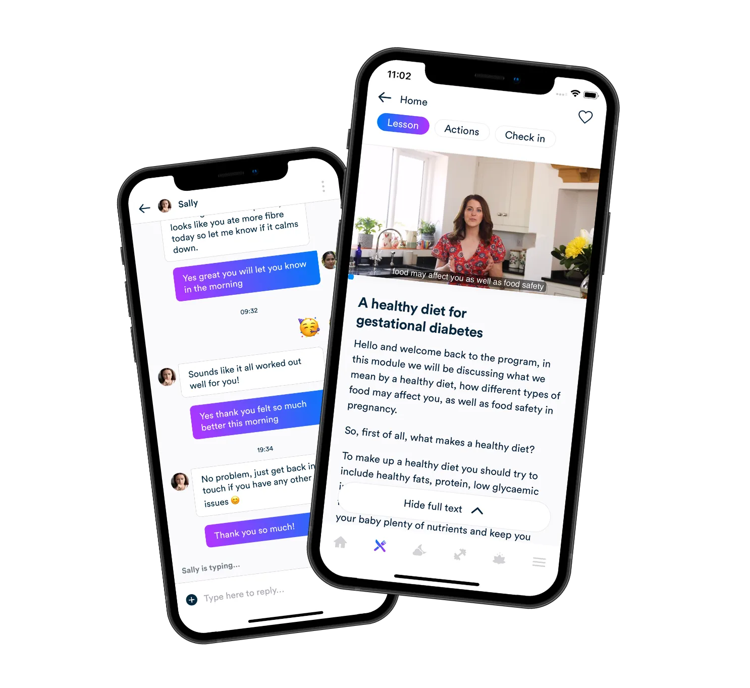 Gro app showing coaching and a lesson for women with gestational diabetes